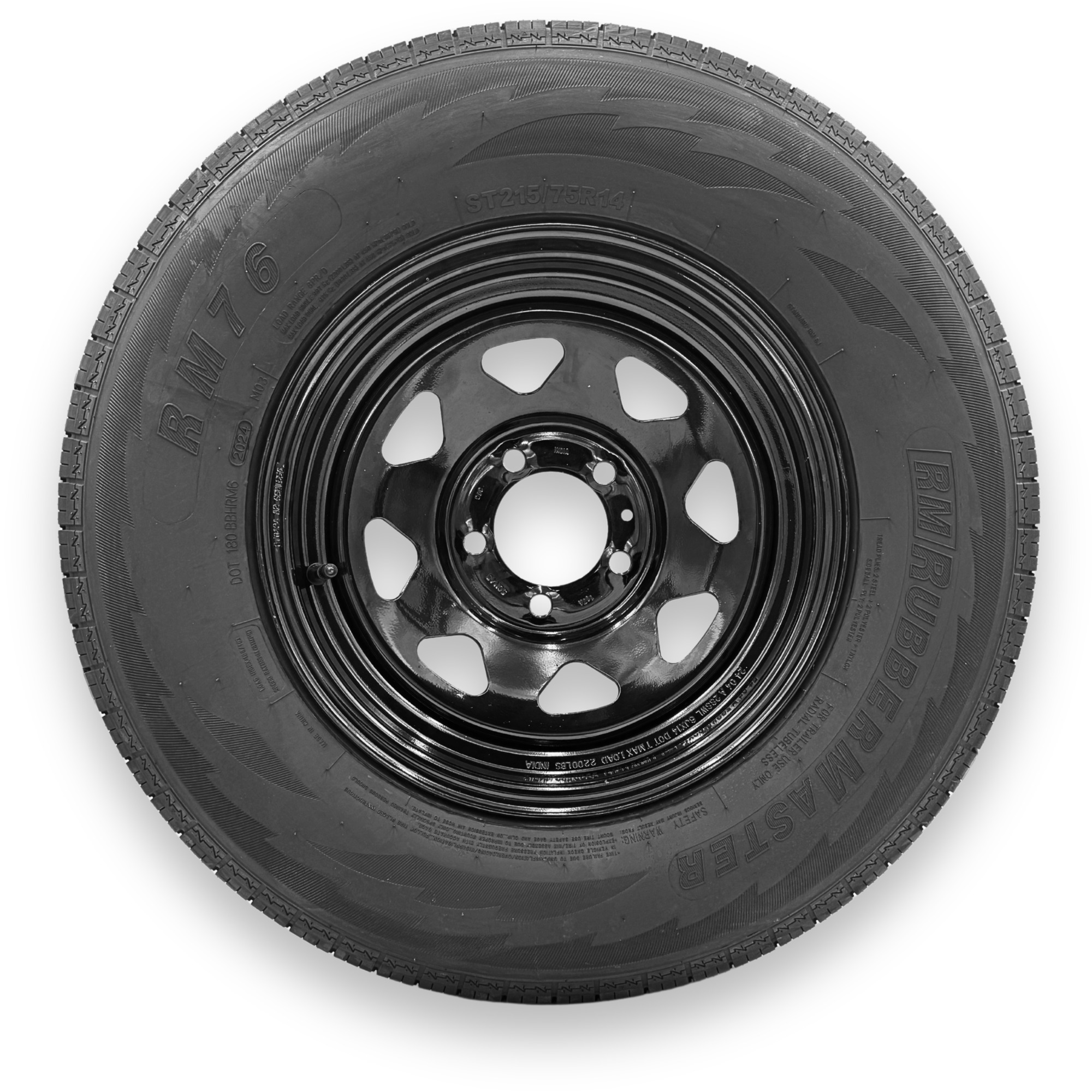 RubberMaster ST215/75R14 8 Ply TL Highway Rib Tire on a 5 on 4.5 Bolt Black Eight Spoke Wheel